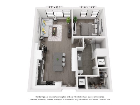 Floor plan for 1 bed, 1 bath, 780 sqft